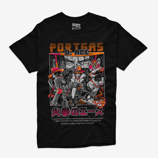 Polera negra de One Piece con una ilustracion frontal de Portgas D. Ace rodeado de llamas y texto japones. En la parte inferior, una frase icónica del personaje: No quiero vivir mil años. Si tan solo vivo hoy, sera suficiente