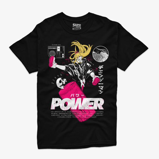 Polera negra de Power de Chainsaw Man. Diseño frontal que muestra a power golpeando con su martillo
