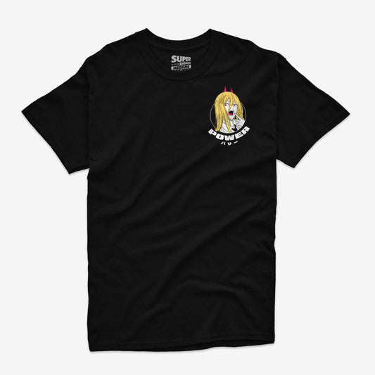 Polera negra de Power de Chainsaw Man. Diseño frontal en el pecho con el rostro del Demonio de Sangre con cuernos y ojos amarillos