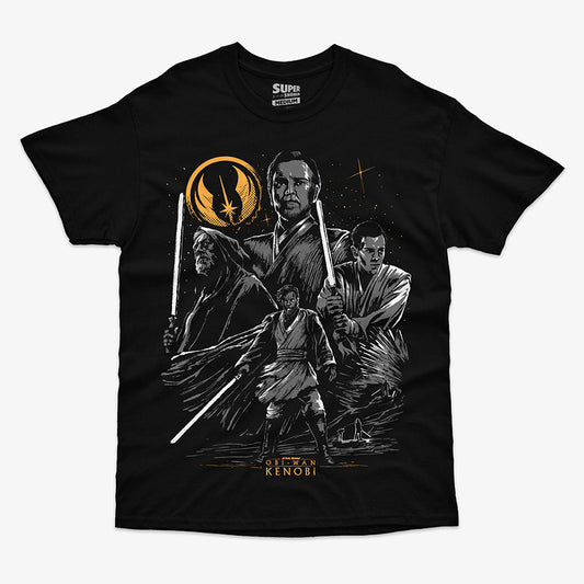 Polera negra de Star Wars con una ilustracion en blanco y negro de Obi-Wan Kenobi en tres etapas de su vida, junto al logo de la Orden Jedi y el texto 'Obi-Wan Kenobi' en la parte inferior
