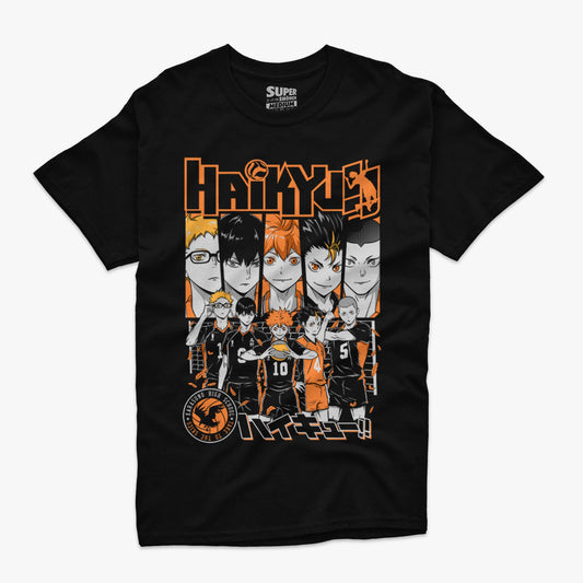 Polera negra estampada con los jugadores del equipo de voleibol Karasuno de Haikyuu!!