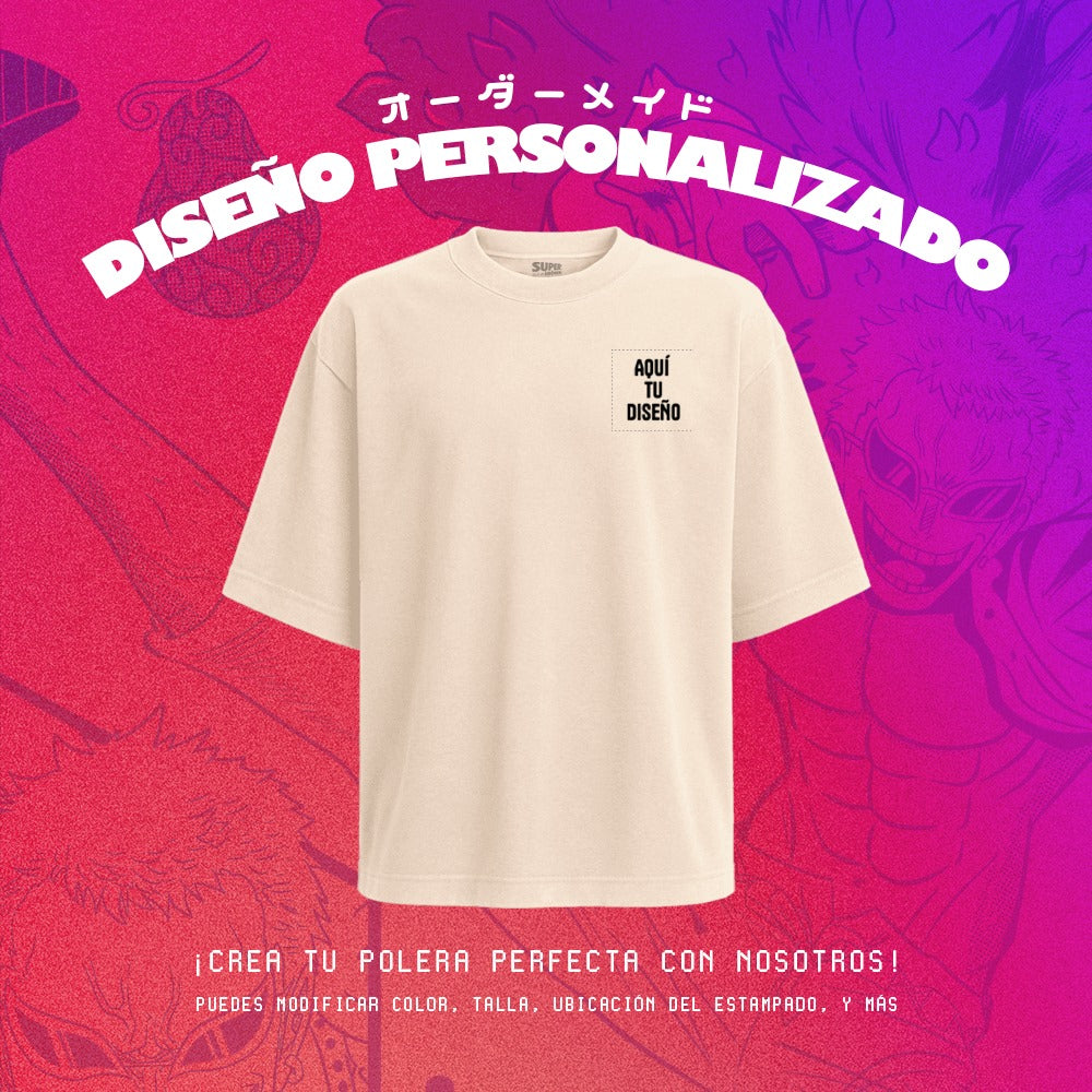 Polera oversize personalizada color crudo con estampado tipo bolsillo