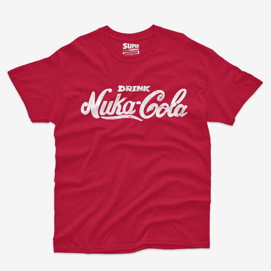 Polera roja con el logo blanco desgastado de Nuka-Cola en el centro