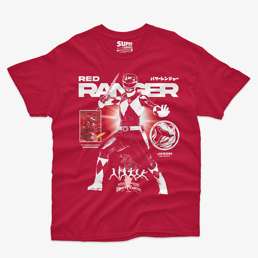 Polera roja con una ilustración en blanco del Power Ranger Rojo, su Dinozord y su nombre Jason Lee Scott