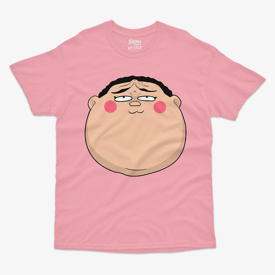 Polera rosada con una gran ilustracion de la cara del personaje de anime Koni-Chan con una expresion chistosa. El diseno se centra en la parte frontal de la polera