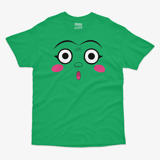 Polera verde de Dotto! Koni-chan. Diseno central de la cara de Koni-chan con grandes ojos blancos, rubor rosado en las mejillas y una boca pequena y abierta, con fondo verde
