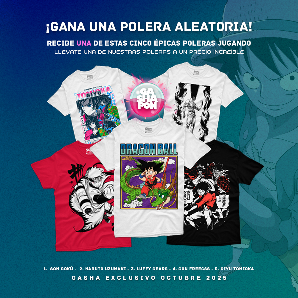 Poleras anime Gashapon Super Shonen de poleras anime, con dragon ball, naruto, one piece, Hunter x Hunter, Kimetsu No Yaiba mostrando a sus protagonistas, en poleras exclusivas