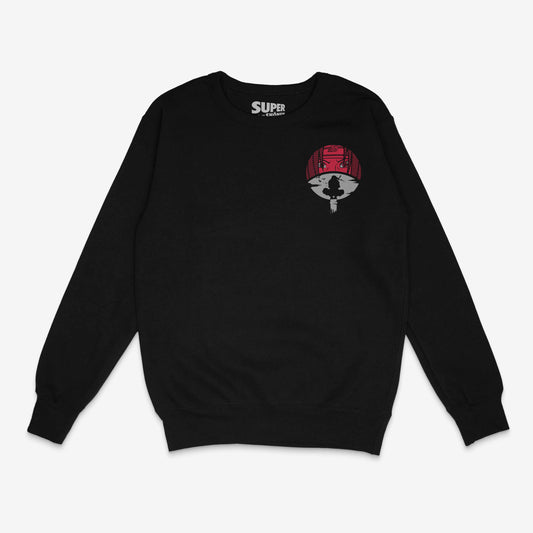 Poleron Polo Negro Itachi Uchiha, Con ninja adolescente en la parte frontal y simbolo uchiha