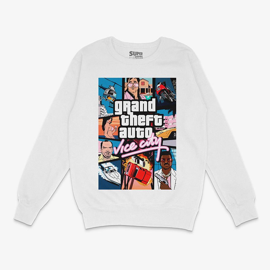 Poleron blanco con el iconico collage de la portada de Grand Theft Auto Vice City, mostrando a Tommy Vercetti y otros personajes. Diseno frontal y de manga larga