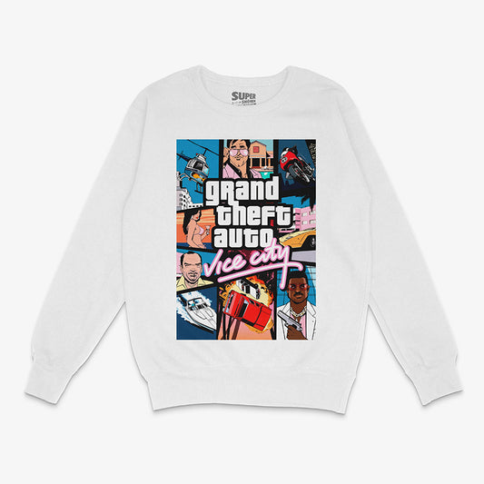 Poleron blanco con el iconico collage de la portada de Grand Theft Auto Vice City, mostrando a Tommy Vercetti y otros personajes. Diseno frontal y de manga larga