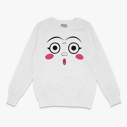 Poleron blanco de Dotto! Koni-chan. Diseno central de la cara de Koni-chan con grandes ojos blancos, rubor rosado en las mejillas y una boca pequeña y abierta, con fondo blanco