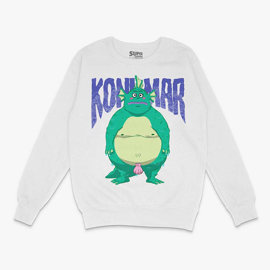 Poleron blanco de Dotto! Koni-chan. Diseno central del personaje Koni Mar, una criatura verde con aletas, branquias y una concha rosada, con el texto 'KONI MAR' en la parte superior en letras azules y con ondas