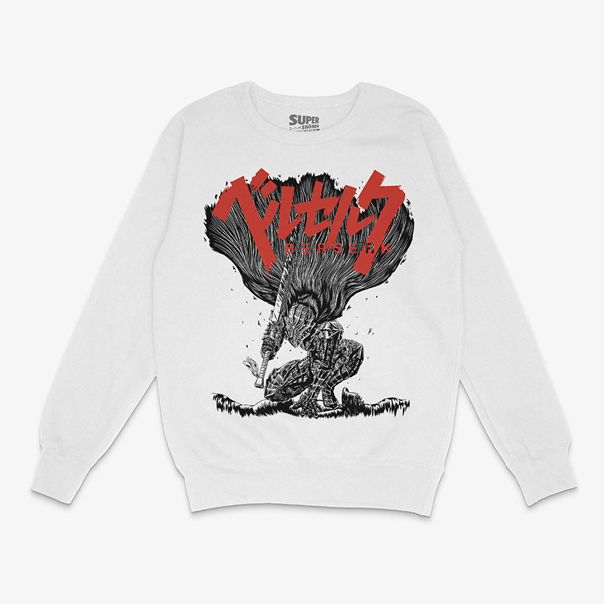 Polerón blanco de Guts de Berserk. Diseño frontal de grabado con Guts arrodillado con la Armadura Berserker, sosteniendo la Dragon Slayer, con el logo de Berserk en japones en rojo sobre él