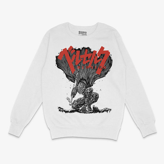 Polerón blanco de Guts de Berserk. Diseño frontal de grabado con Guts arrodillado con la Armadura Berserker, sosteniendo la Dragon Slayer, con el logo de Berserk en japones en rojo sobre él