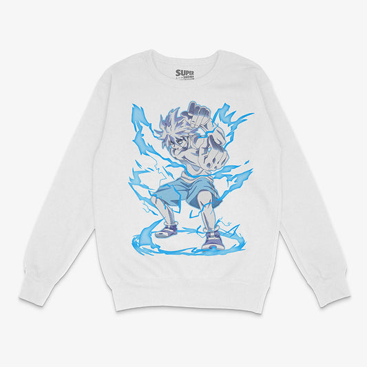 Polerón blanco de Killua Zoldyck de Hunter x Hunter. Diseño central de Killua con aura de relámpagos azules y blancos alrededor, en pose de ataque