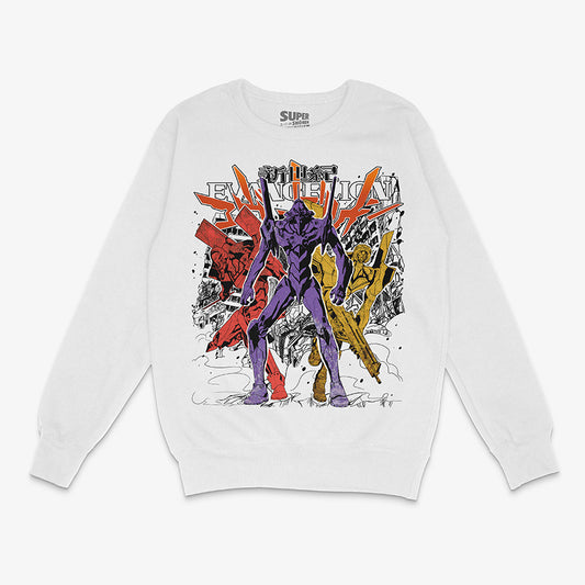 Polerón blanco de Neon Genesis Evangelion. Diseño frontal de estilo grunge con los tres EVA Unit-01 (morado), Unit-00 (amarillo) y Unit-02 (rojo), sobre un fondo de ciudad destruida y texto 'EVANGELION'.