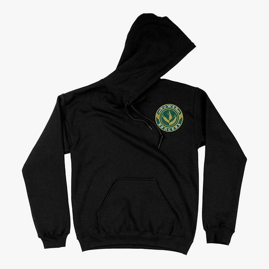 Polerón canguro con capucha, de color negro. Tiene el logo circular de los Power Rangers en color dorado y verde en el lado izquierdo del pecho.