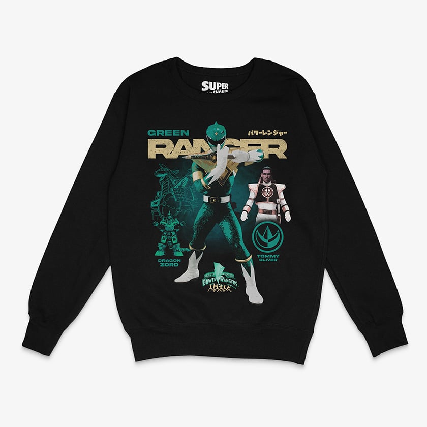 Polerón negro con diseño del Power Ranger verde, mostrando a Tommy Oliver con su traje blanco, el Dragonzord de fondo y detalles retro en tonos verdes y dorados.