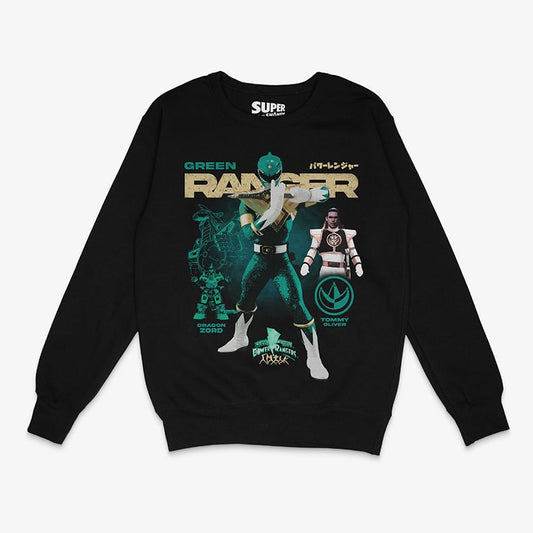 Polerón negro con diseño del Power Ranger verde, mostrando a Tommy Oliver con su traje blanco, el Dragonzord de fondo y detalles retro en tonos verdes y dorados.