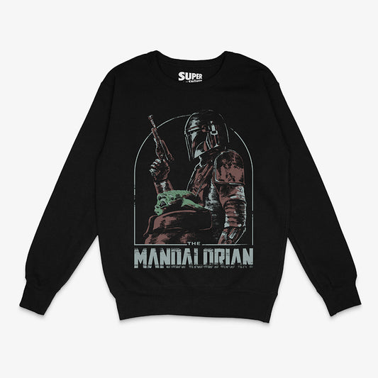 Polerón negro con una ilustración de The Mandalorian sosteniendo a Grogu, con el logo de la serie abajo