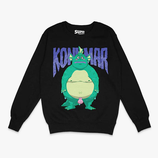 Poleron negro de Dotto! Koni-chan. Diseno central del personaje Koni Mar, una criatura verde con aletas, branquias y una concha rosada, con el texto 'KONI MAR' en la parte superior en letras azules y con ondas