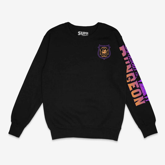 Poleron negro de Dungeon Meshi mostrando en el pecho izquierdo un escudo morado y dorado con un diseno de dragon y otros simbolos