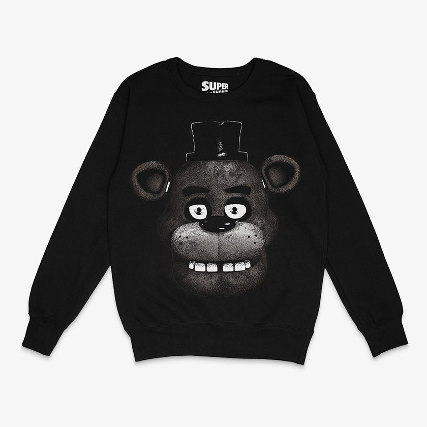 Polerón negro de Freddy Fazbear de Five Nights at Freddy's. Diseño frontal solo del rostro del oso animatrónico en blanco y negro con sombrero de copa