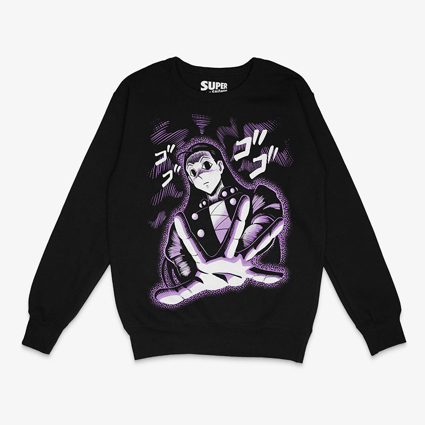 Polerón negro de Illumi Zoldyck de Hunter x Hunter. Diseño central del personaje con una expresión seria y la mano extendida, rodeado de un aura púrpura