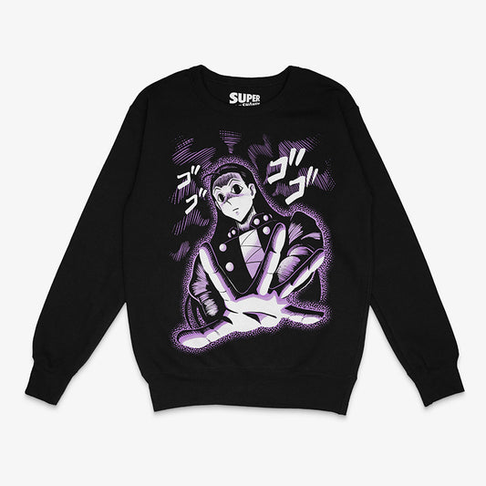 Polerón negro de Illumi Zoldyck de Hunter x Hunter. Diseño central del personaje con una expresión seria y la mano extendida, rodeado de un aura púrpura