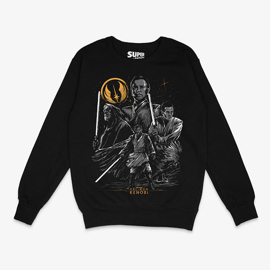 Poleron negro de Star Wars con una ilustracion en blanco y negro de Obi-Wan Kenobi en tres etapas de su vida, junto al logo de la Orden Jedi y el texto 'Obi-Wan Kenobi' en la parte inferior