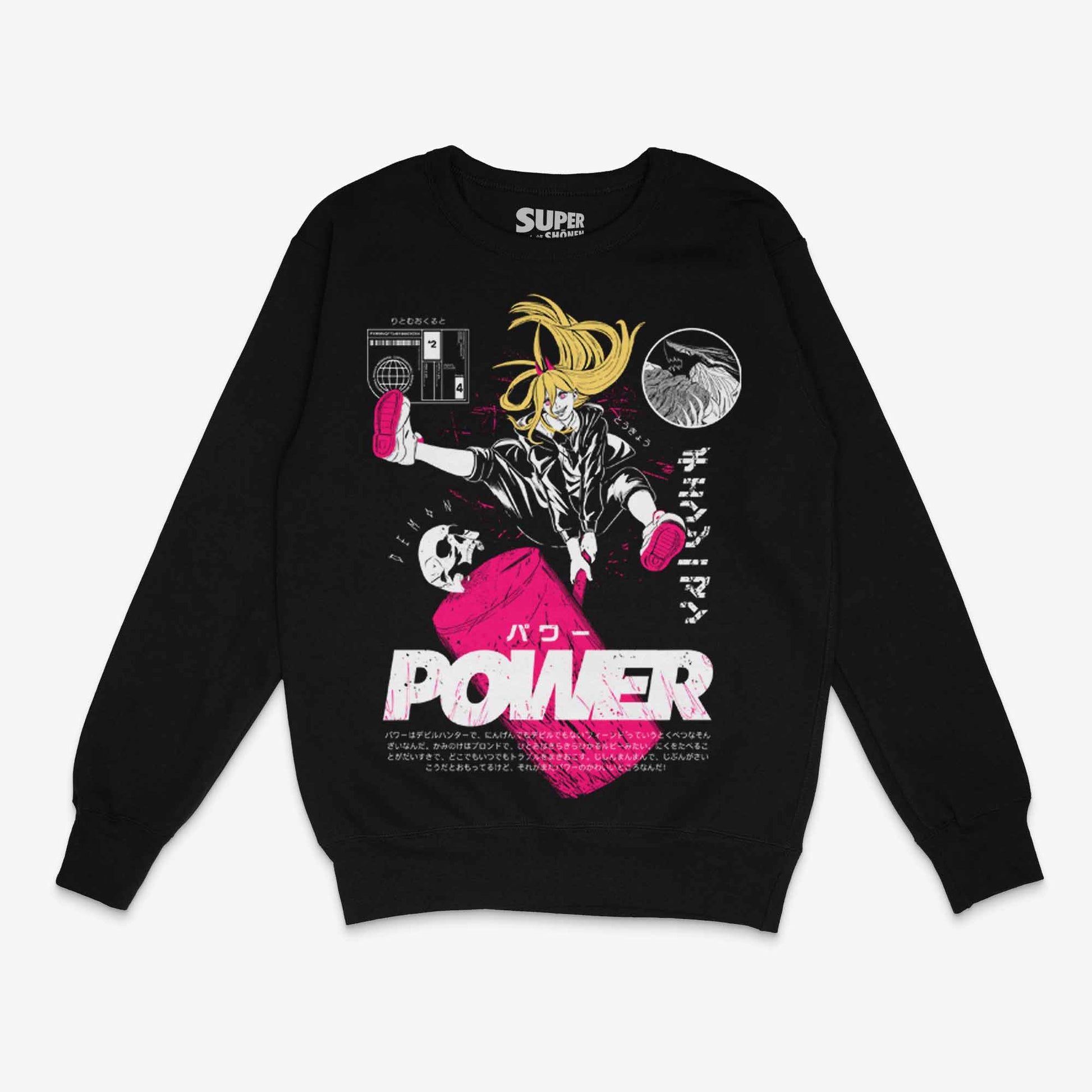 Polerón negro tipo polo (crewneck) de Power de Chainsaw Man. Diseño frontal con el rostro de Power con cuernos, en blanco y un estilo de ilustración de manga