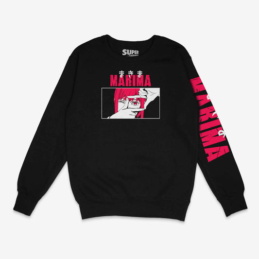 Polerón negro tipo polo de Makima de Chainsaw Man. Diseño frontal con un primer plano de su rostro en blanco y el cabello rojo