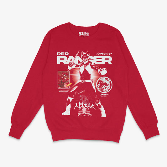 Polerón rojo con la ilustración en blanco del Power Ranger Rojo, su nombre Jason Lee Scott y el Tyrannosaurus Dinozord