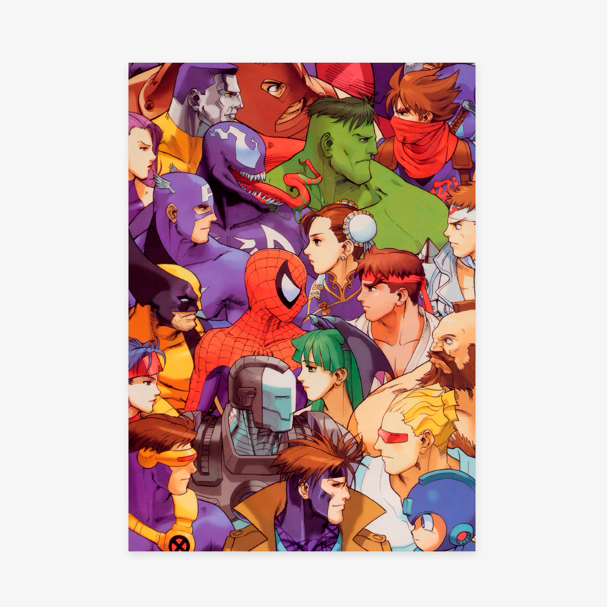 Póster clásico de Marvel vs Capcom, un collage de personajes de ambas franquicias como Spider-Man, Wolverine, Hulk, Ryu, Chun-Li y Megaman, en un estilo vibrante de cómic
