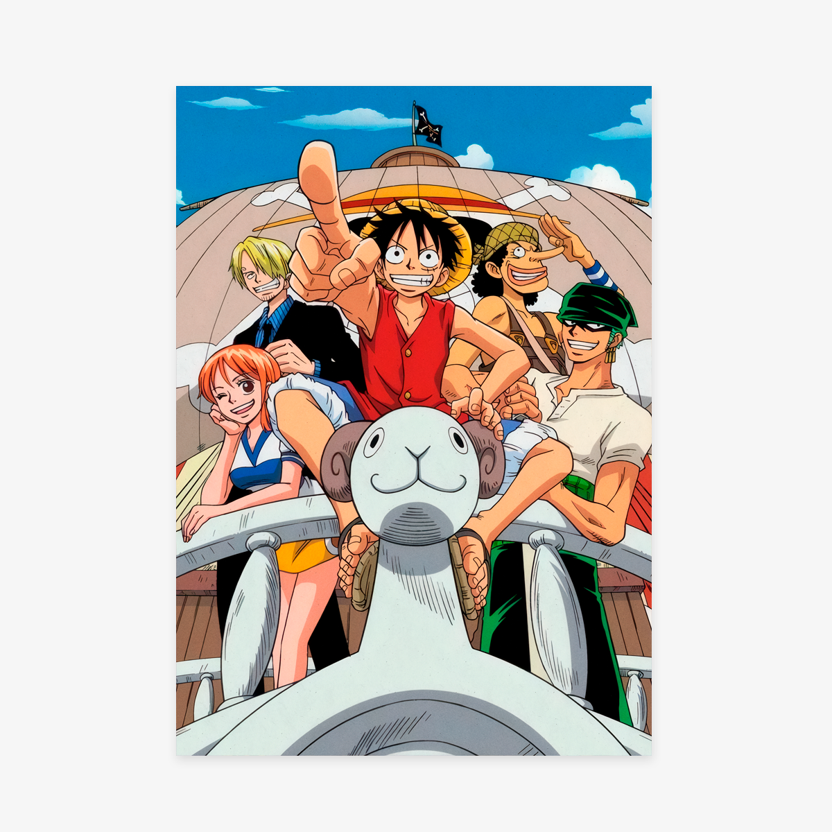 Póster clásico de One Piece de la Saga East Blue, mostrando a la tripulación original: Monkey D. Luffy, Roronoa Zoro, Nami, Usopp y Sanji, sobre la proa del barco Going Merry.