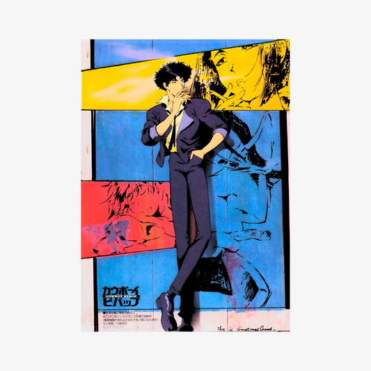 Póster de Cowboy Bebop con un diseño pop art, mostrando al protagonista Spike Spiegel en primer plano con traje azul, junto a siluetas de Faye Valentine y un perro corgi, sobre colores rojo, amarillo y azul