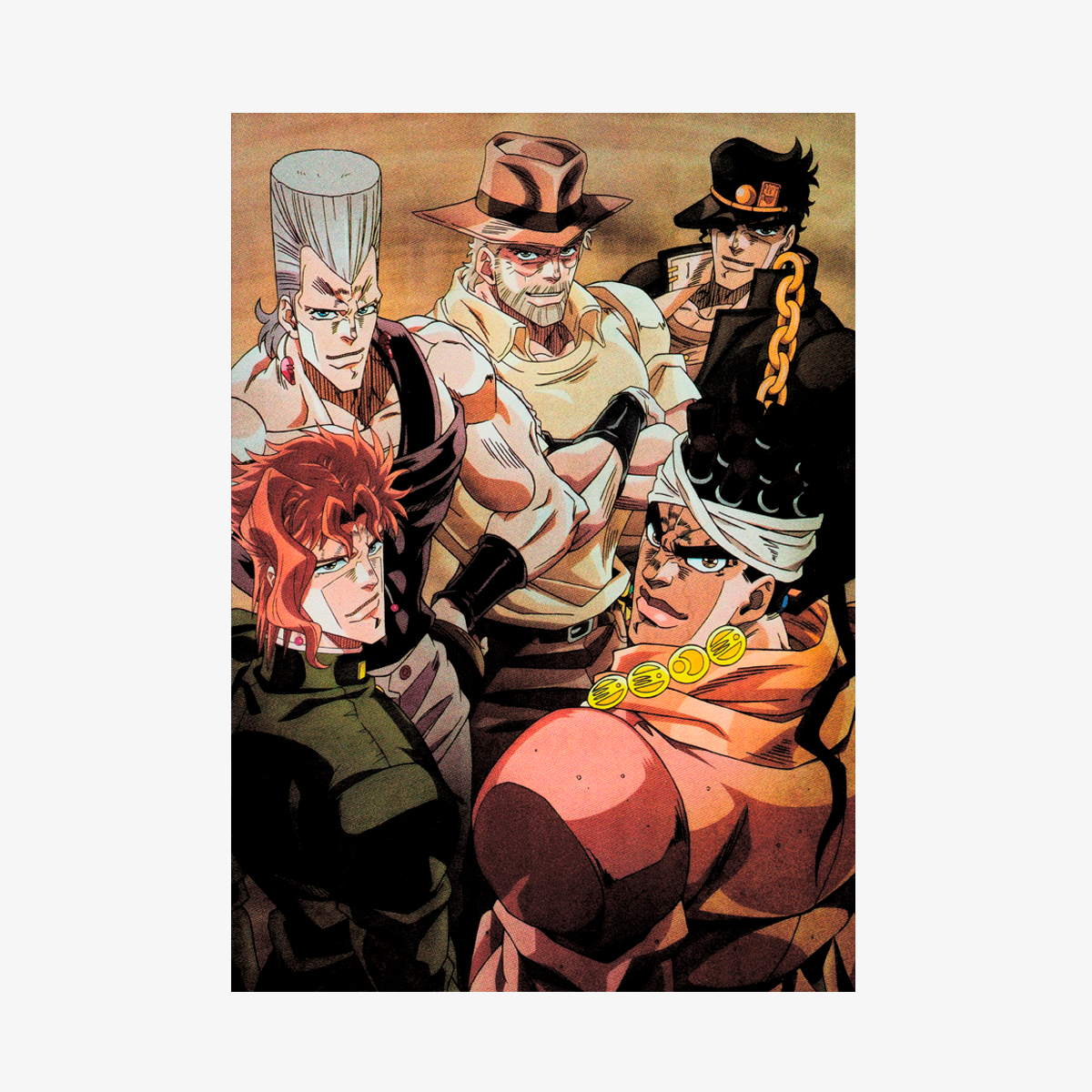 Póster de JoJo's Bizarre Adventure Stardust Crusaders con el grupo de héroes: Jotaro Kujo, Joseph Joestar, Polnareff, Kakyoin y Avdol, en una pose grupal clásica antes de la batalla final en Egipto