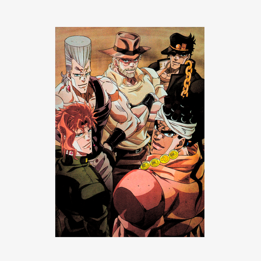 Póster de JoJo's Bizarre Adventure Stardust Crusaders con el grupo de héroes: Jotaro Kujo, Joseph Joestar, Polnareff, Kakyoin y Avdol, en una pose grupal clásica antes de la batalla final en Egipto