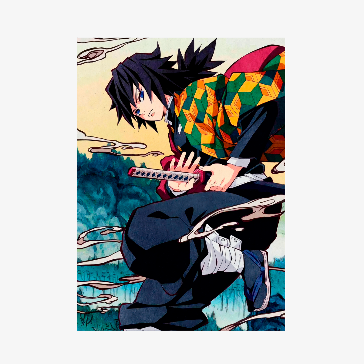 Póster de Kimetsu no Yaiba mostrando al Pilar del Agua, Giyu Tomioka, desenvainando su Katana Nichirin, rodeado de efectos visuales de su técnica de Respiración del Agua