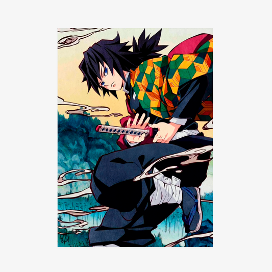 Póster de Kimetsu no Yaiba mostrando al Pilar del Agua, Giyu Tomioka, desenvainando su Katana Nichirin, rodeado de efectos visuales de su técnica de Respiración del Agua