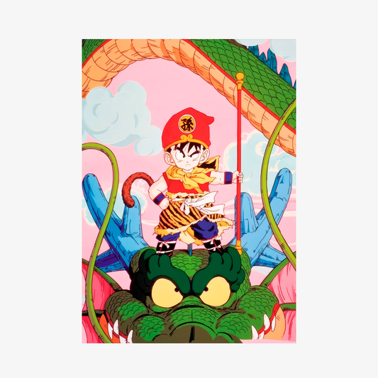 Poster de Son Gohan nino montado sobre el Dragon Shen Long, con su cola Saiyajin y el Baculo Sagrado, en una escena clasica del Ending de Dragon Ball Z que referencia al Rey Mono, Sun Wukong