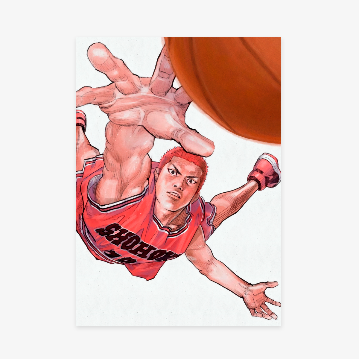 Póster dinámico de Slam Dunk mostrando a Hanamichi Sakuragi con el uniforme rojo de Shohoku, saltando con el brazo extendido para alcanzar un balón de baloncesto en el aire, destacando su pelo rojo