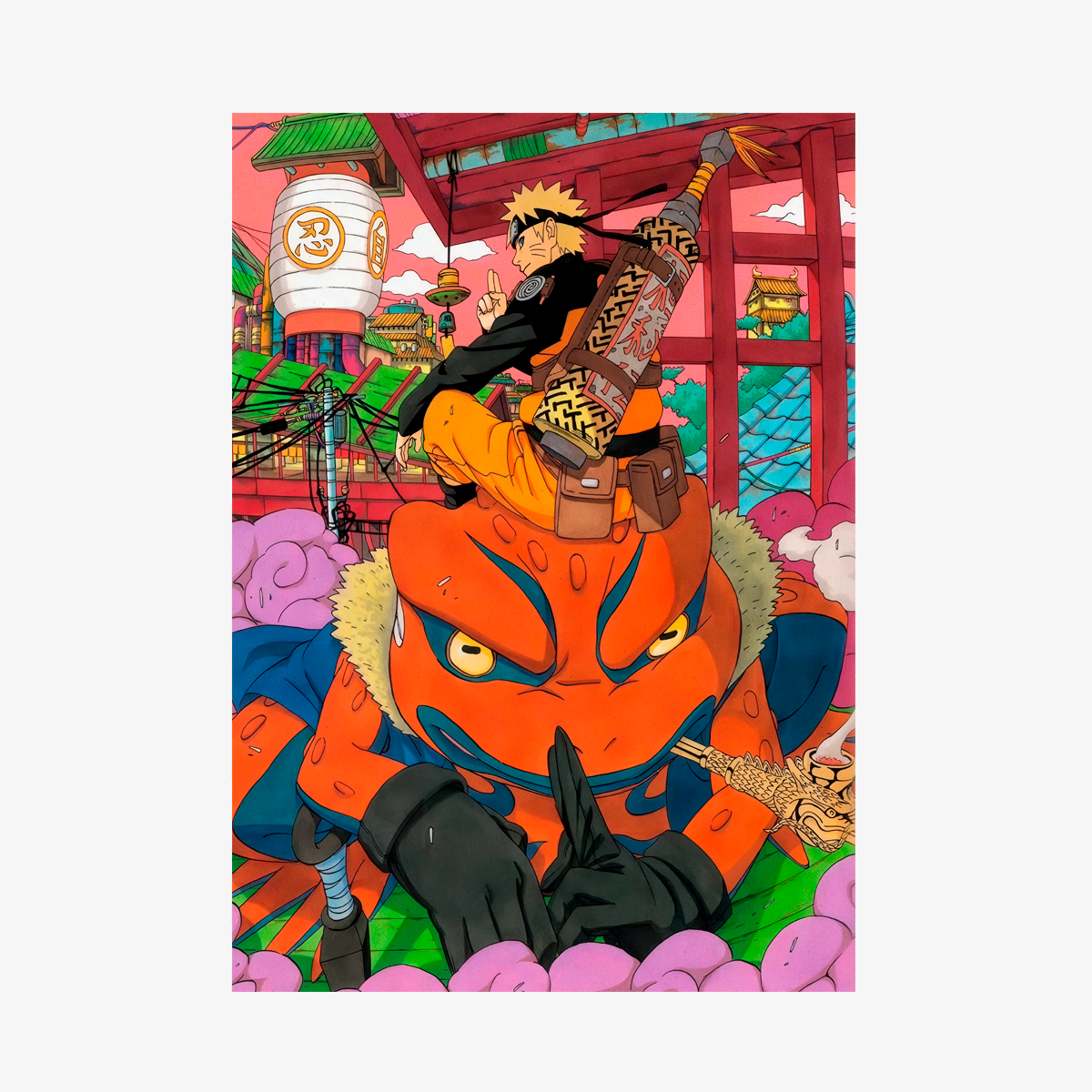 Póster estilizado de Naruto Uzumaki en Modo Sabio sentado sobre el sapo Gamabunta, con el pergamino de invocación y la aldea de Konoha de fondo.
