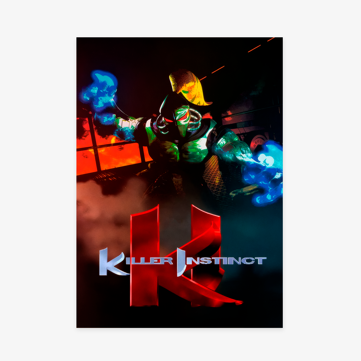 Póster oscuro y dramático del videojuego clásico Killer Instinct, mostrando al cyborg Fulgore con armadura verde metálica y energía azul brillante en sus puños, con el logo rojo del juego en primer plano