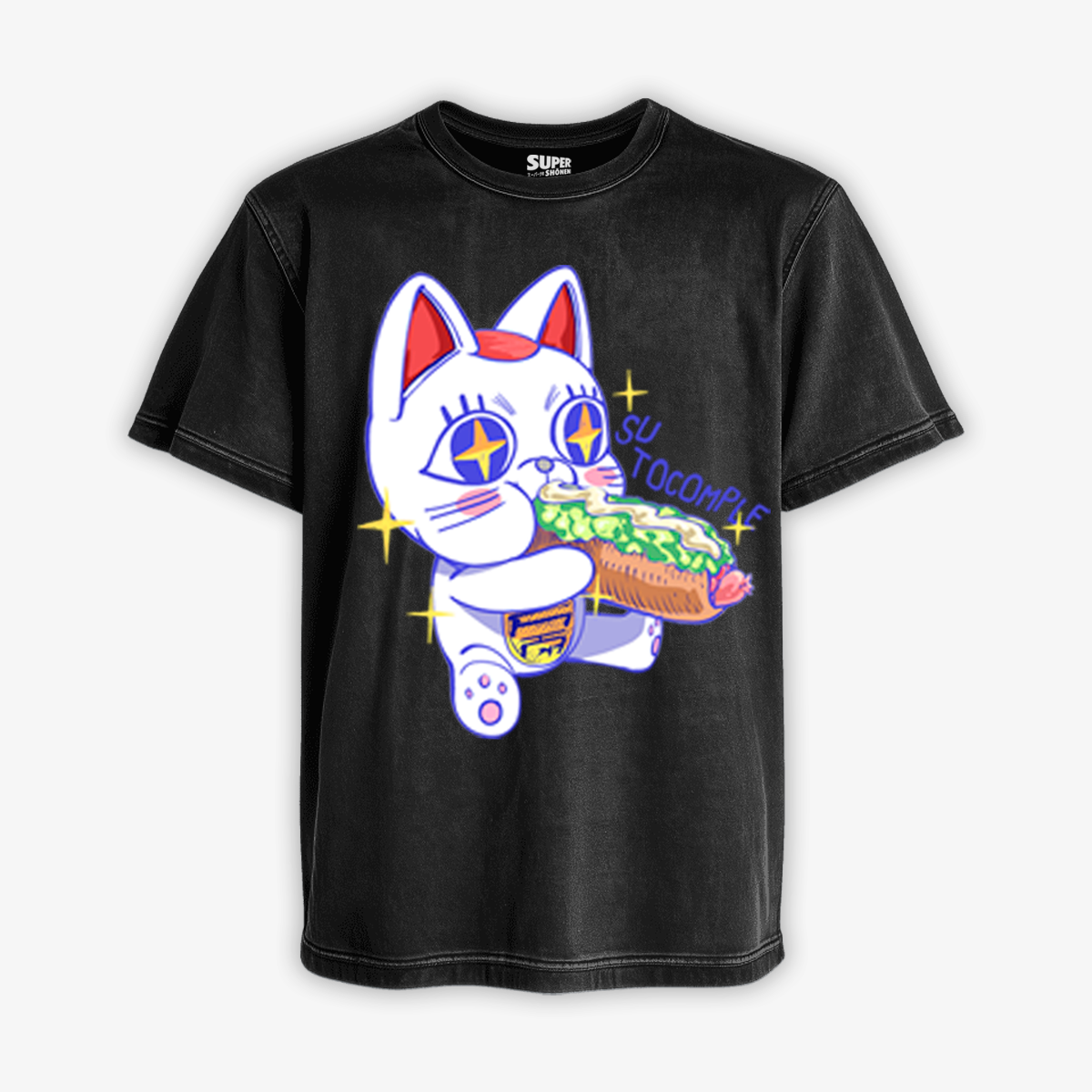 polera acid wash negra con diseño de la turbo abuela versión chilena comiendose un completo