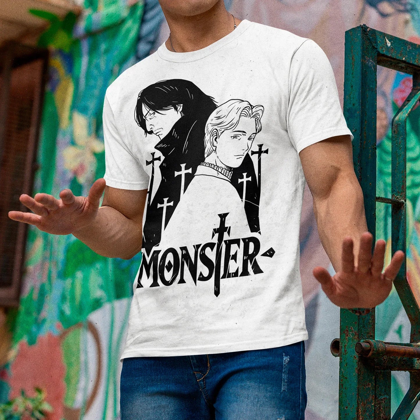 hombre usando polera blanca anime monster