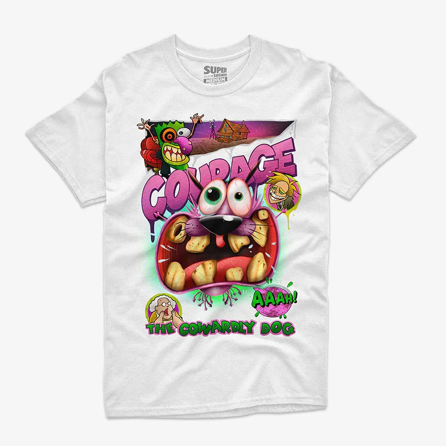 polera blanca con diseno de corage el perro cobarde