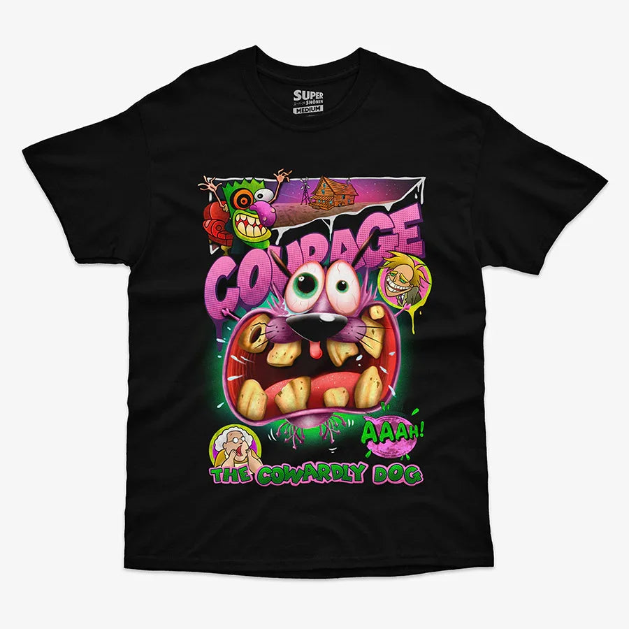 polera negra con diseno de coraje el perro cobarde