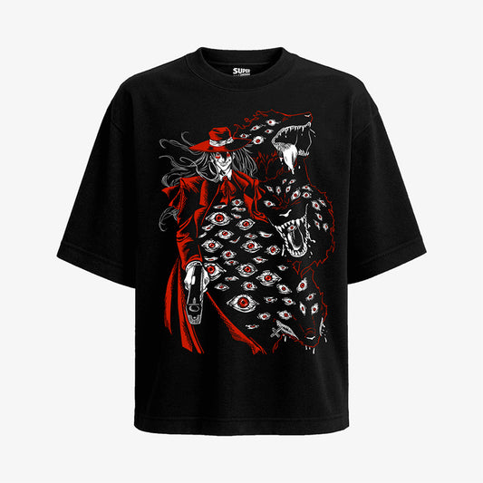 polera negra oversize con diseno de alucard y baskerville