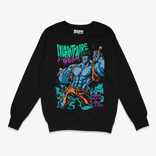 poleron tipo polo negro con ilustracion de luffy thriller bark de one piece